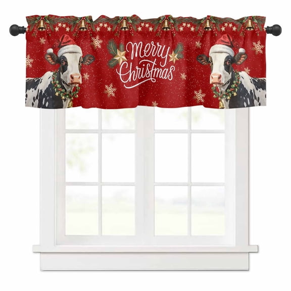 Merry Christmas Valances for Windows Xmas Hat Cow Bell Snowflake Red Background Rod Pocket Curtain Valance Window Treatment Short Curtains for Kitchen Living Room, 42"x12"
