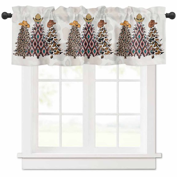 Merry Christmas Valances for Windows, Xmas Tree Cowboy Hat Light Filtering Window Treatment Valances, Rod Pocket Small Curtains for Kitchen/Bathroom, 54"x18"