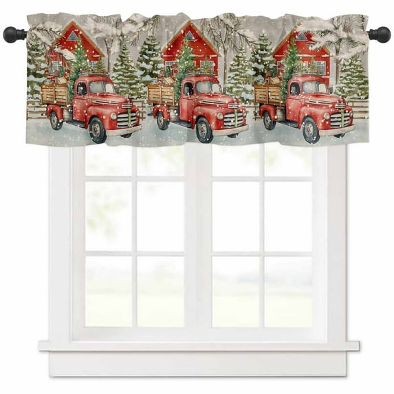 Merry Christmas Valances for Windows, Xmas Tree Red Truck Barn Snowflake Gray Light Filtering Window Treatment Valances, Rod Pocket Small Curtains for Kitchen/Bathroom, 60"x18"