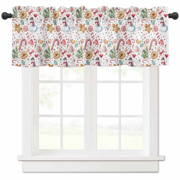 Merry Christmas Valances for Windows, Xmas Trees Cute Gingerbread Man Cookies Candy Cane Snowman Light Filtering Window Treatment Valances, Rod Pocket Small Curtains for Kitchen/Bathroom, 42"x12"