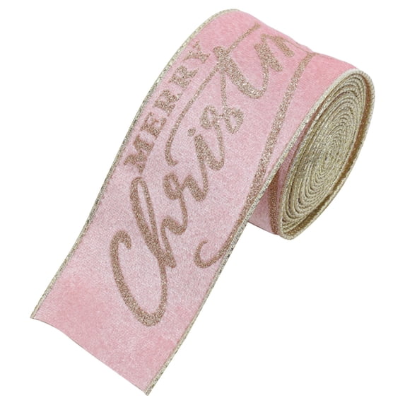 Merry Christmas Velvet Wired Edge Ribbon, 2.4 Inch × 6.6 Feet Glitter Ribbon with Rose Gold Lettering for Xmas Tree Bow Wreath Craft Gift Wrapping Holiday Home Decor 1 Roll,Pink