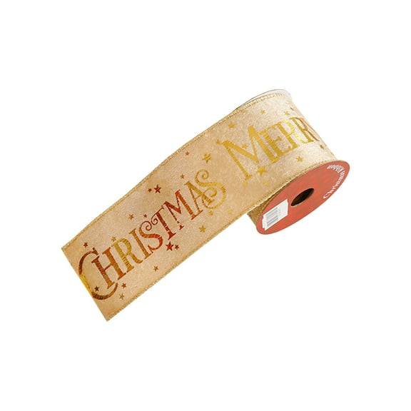 Merry Christmas Velvet Wired Edge Ribbon 2.5 Inch Gold Glitter Xmas Tree Velvet Wired Ribbon for Bow Wreath Craft Gift Wrap Holiday Home Decor