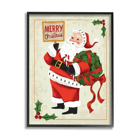 Merry Christmas Vintage Santa Holiday Graphic Art Black Framed Art Print Wall Art