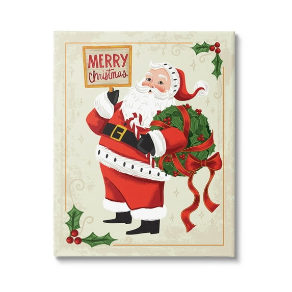 Merry Christmas Vintage Santa Holiday Graphic Art Gallery Wrapped Canvas Print Wall Art