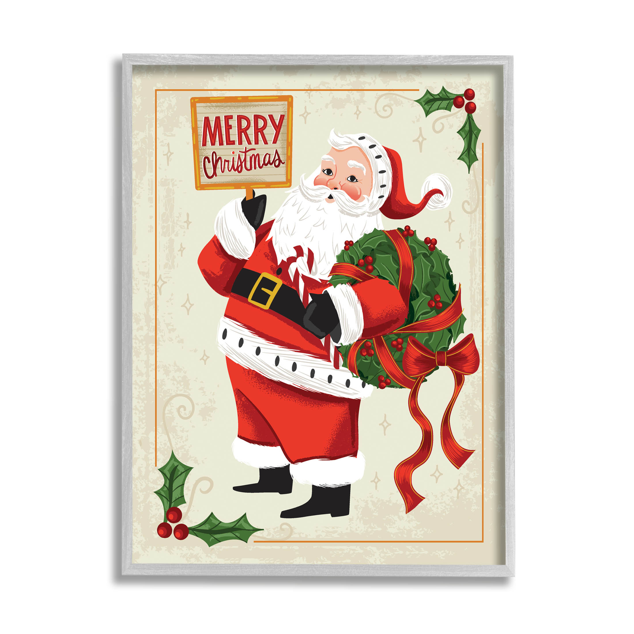 Merry Christmas Vintage Santa Holiday Graphic Art Gray Framed Art Print Wall Art