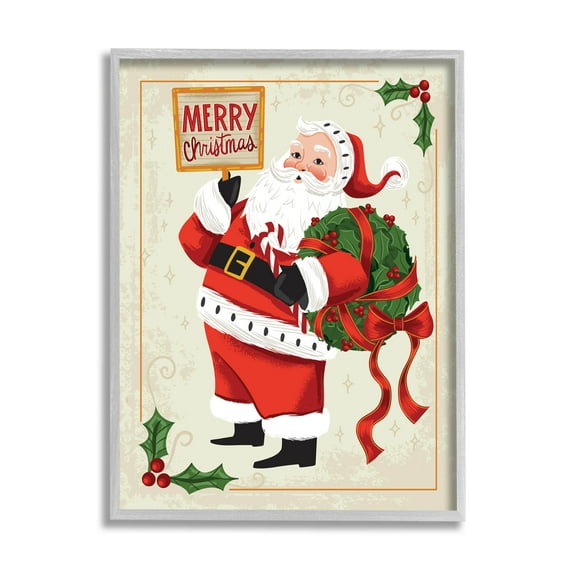 Merry Christmas Vintage Santa Holiday Graphic Art Gray Framed Art Print Wall Art