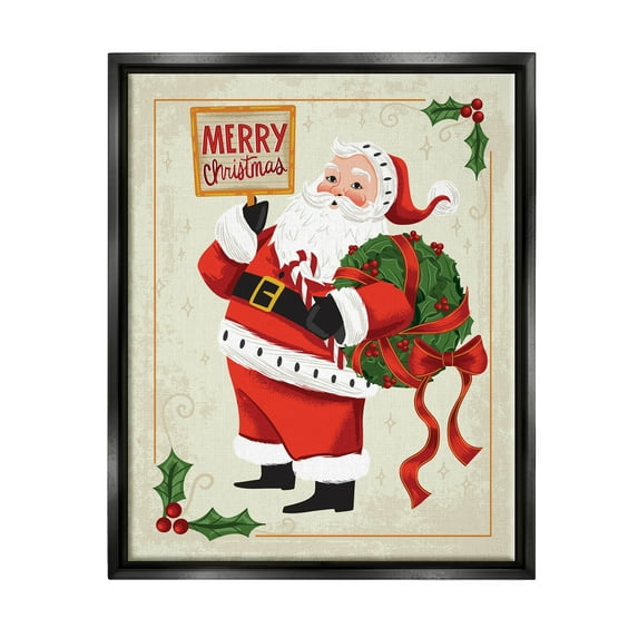 Merry Christmas Vintage Santa Holiday Graphic Art Jet Black Framed Art Print Wall Art