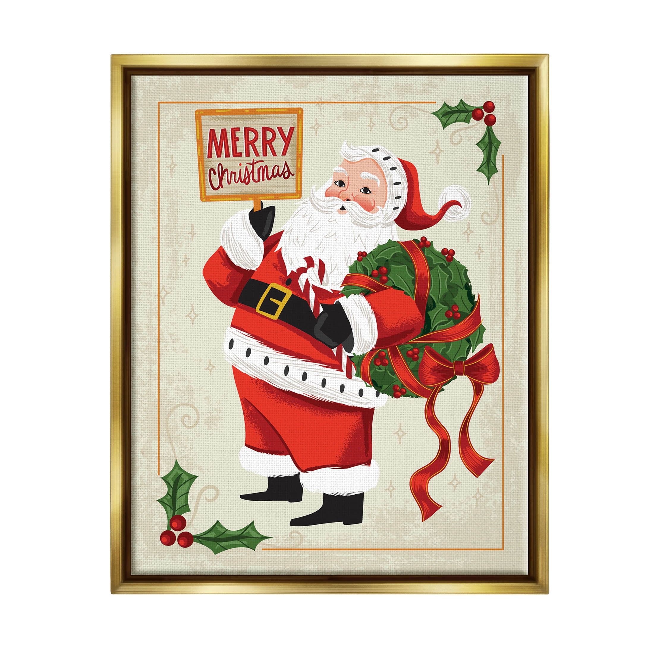 Merry Christmas Vintage Santa Holiday Graphic Art Metallic Gold Framed Art Print Wall Art
