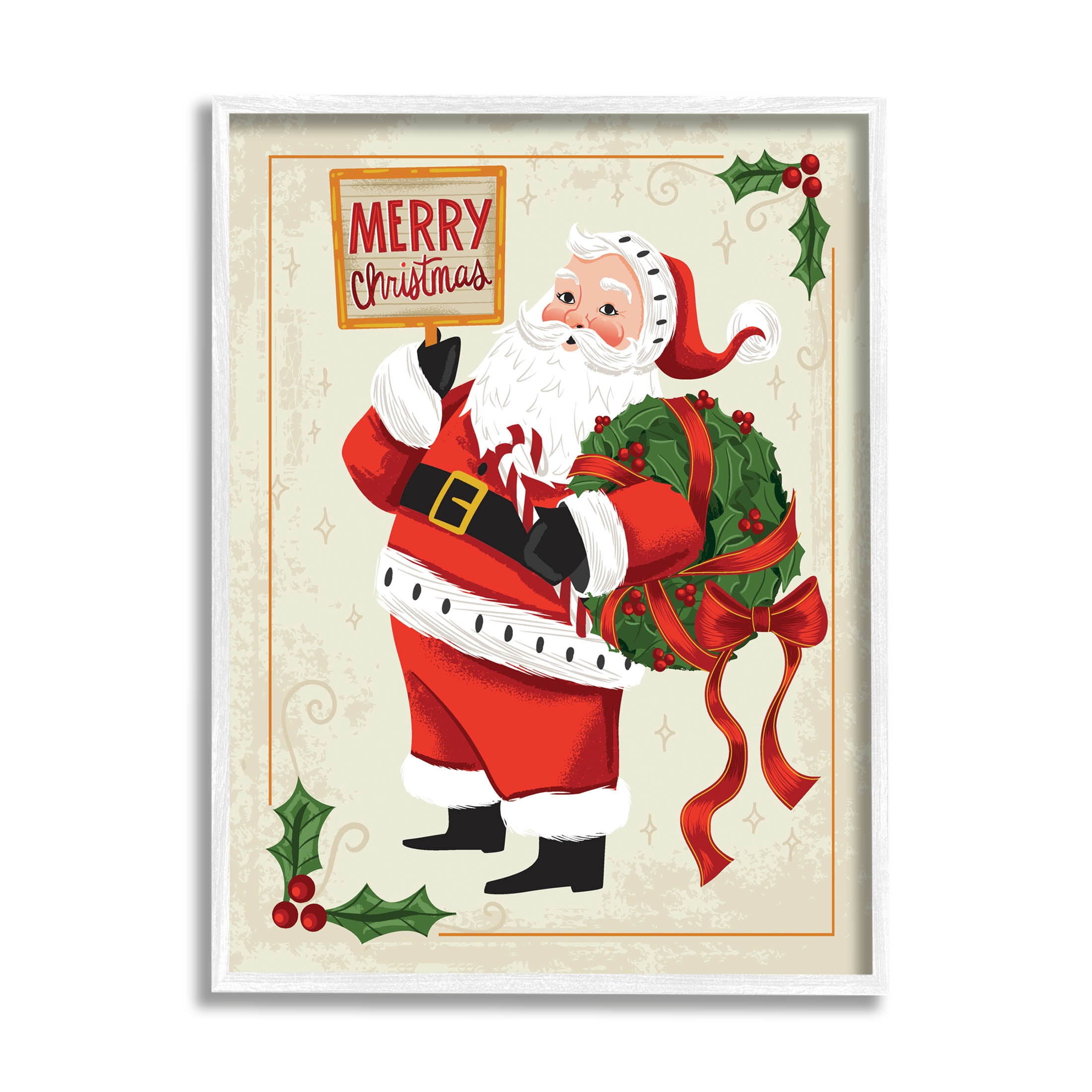 Merry Christmas Vintage Santa Holiday Graphic Art White Framed Art Print Wall Art