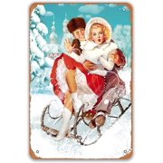 Merry Christmas Vintage Tin Sign Christmas Pinup Sexy Lady Sledging Metal Poster Tin Painting for Home Living Room Bar Pub Cafe Club Man Cave Bathroom 8x12 inch