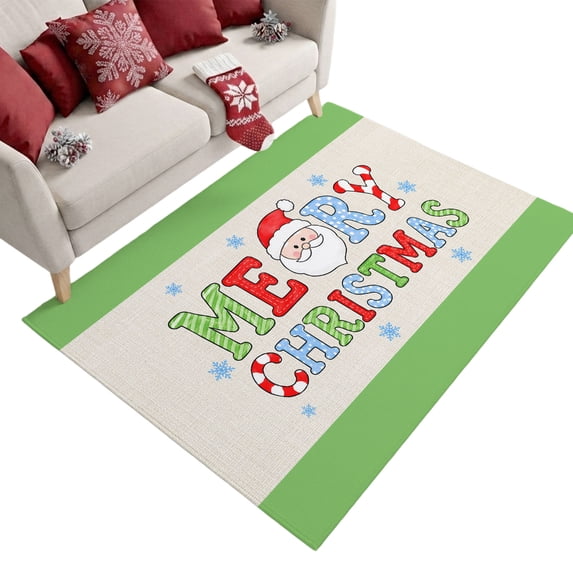 Merry Christmas Washable Area Rug 3 x 5 ft Boho Cute Santa Face Stars Beige Green Soft Non‑Slip Rugs Stain Repellent Indoor Mats for Entry Foyer, Apartment Living Corner Dining Nook