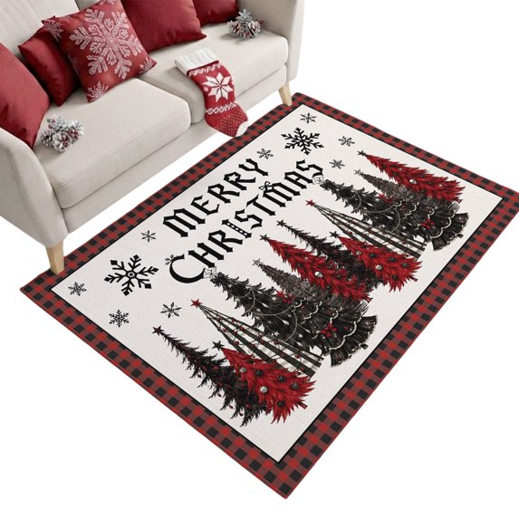 Merry Christmas Washable Area Rug 4 x 6 ft Black Red Xmas Tree Snowflakes Plaid Border Soft Non‑Slip Rugs Stain Repellent Indoor Mats for Living‑Room, Guest Bedroom, Casual Dining Room