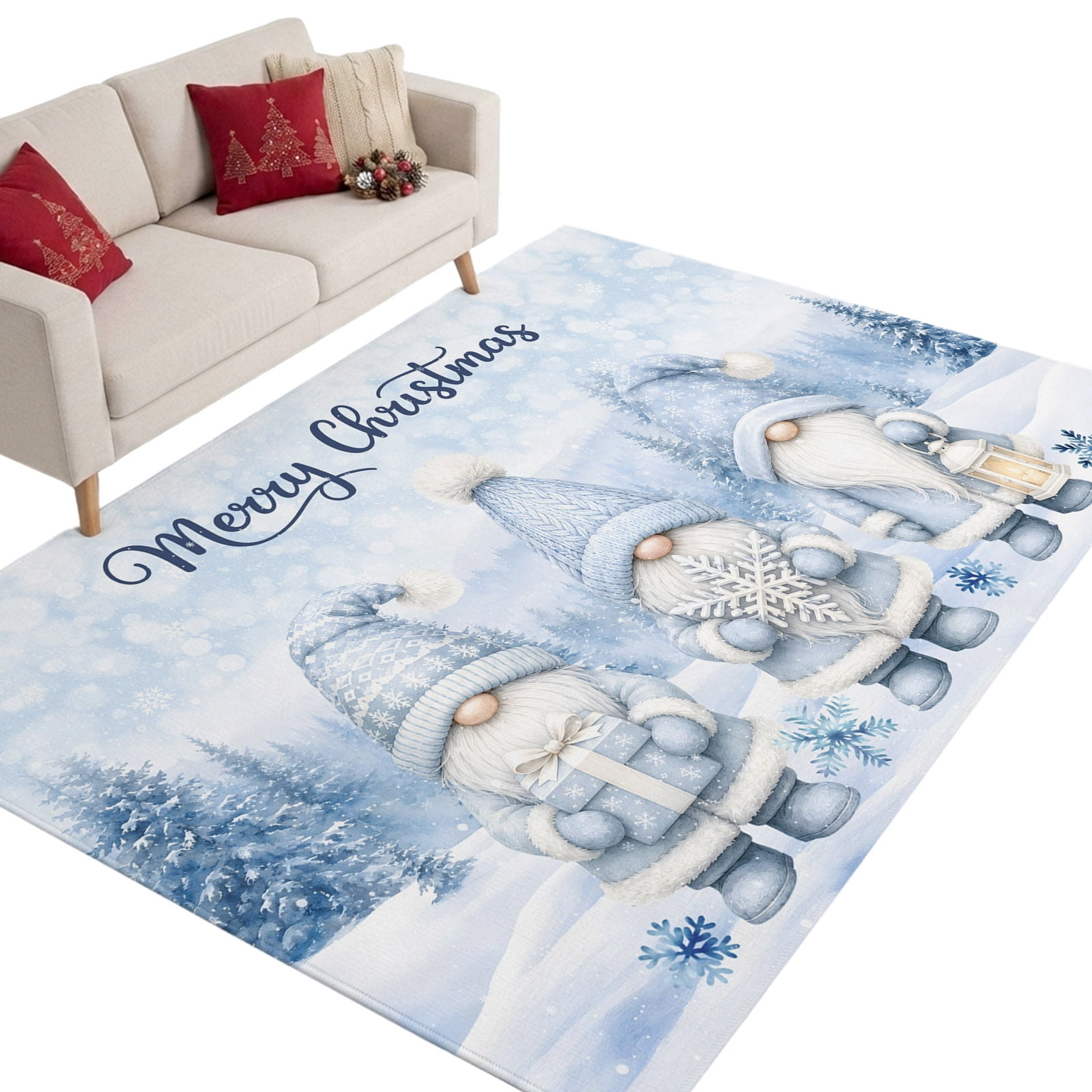 Merry Christmas Washable Area Rug 5 x 7 ft Winter Gnomes Snowy ...
