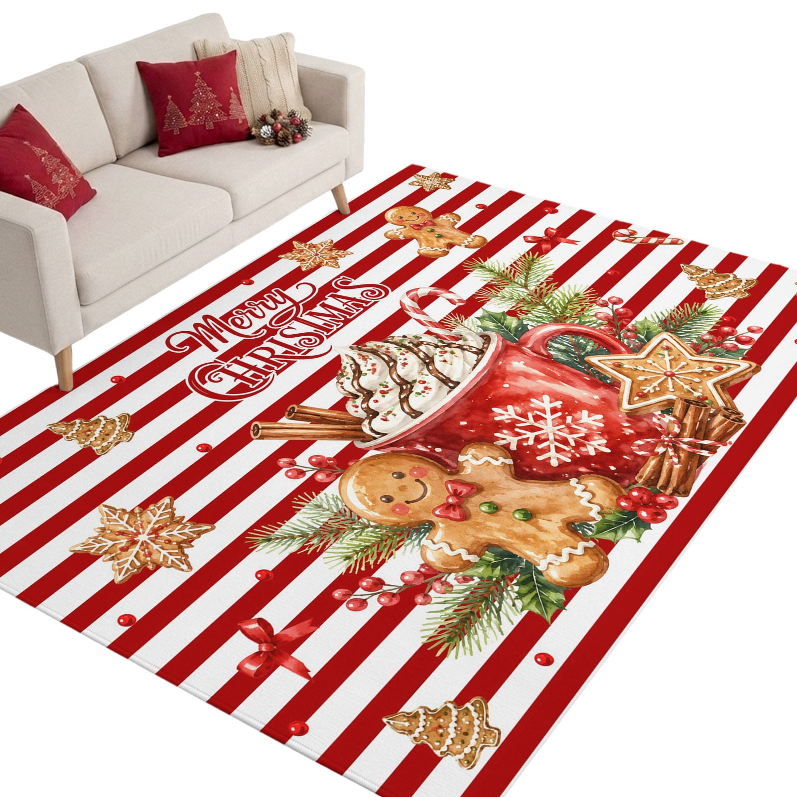 Merry Christmas Washable Area Rug 6 x 9 ft Hot Cocoa Cup Gingerbread ...