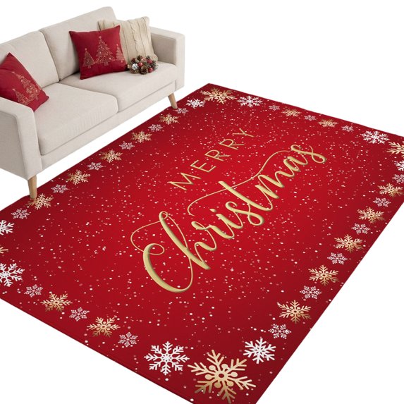 Merry Christmas Washable Area Rug 8 x 10 ft Minimalist White Gold Snowflake Border Red Soft Non‑Slip Rugs Stain Repellent Indoor Mats for Open Concept Home, Dining Space, Basement Lounge
