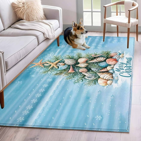 Merry Christmas Washable Area Rugs 3'x5', Shell Starfish Coastal Marine Life Tree Low Pile Throw Living Room Rug Non-Slip Sturdy Edge Binding Carpet for Indoor Entryway Bedside Kitchen