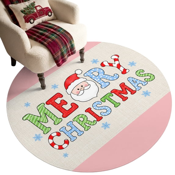 Merry Christmas Washable Round Area Rug 3 ft, Boho Cute Santa Face Stars Beige Pink Soft Non‑Slip Rugs Stain Repellent Indoor Mats for Entryway, Bathroom, Bedside, Hallway Nook