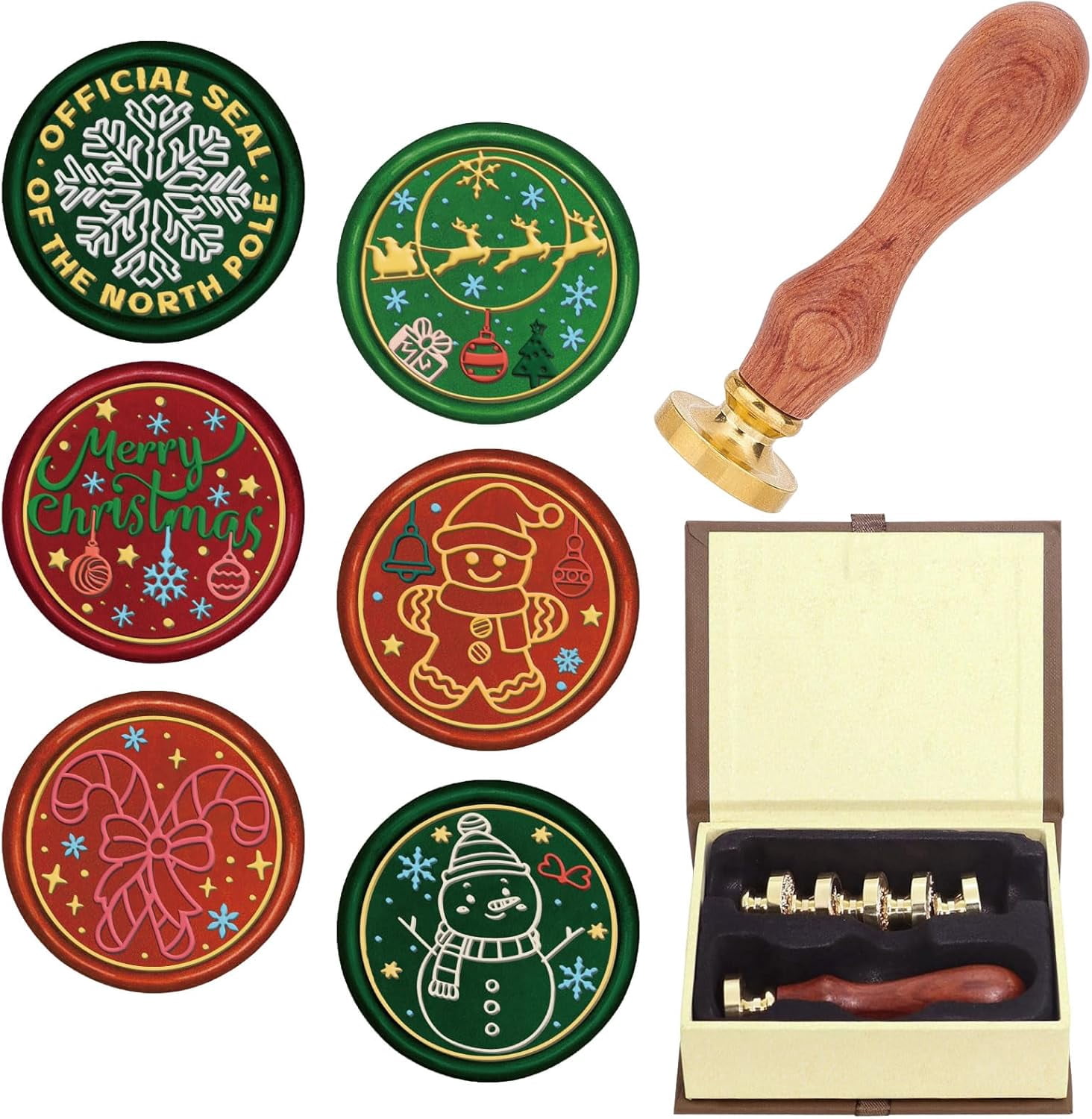 CRASPIRE Christmas Wax Seal Stamp Kit – 6 Brass Heads + Wood Handle For Cards, Gifts, Invitations