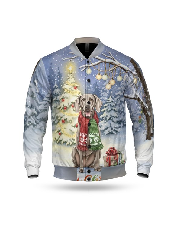 Merry Christmas Weimaraner Snowy Winter with Gifts Tree Decorations All Over Print 3D Baseball Jacket Weim Gray Ghost Dog Lover Bomber Jacket Softball - 12020