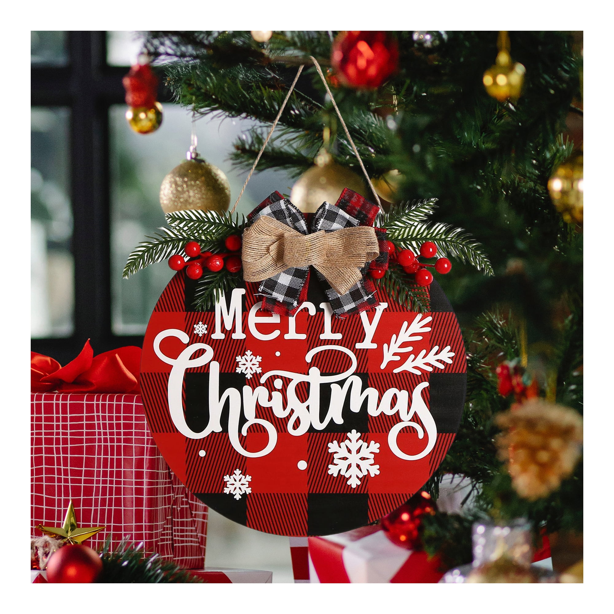 Merry Christmas Welcome Sign Buffalo Plaid Wood Decor Farmhouse Hanging ...