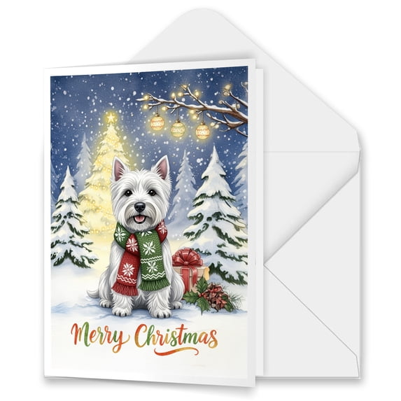 Merry Christmas West Highland White Terrier Snowy Winter with Tree Decorations 5x7in Folded Greeting Card Westie Westy Dog Lover Single Note Card with Envelope - 12020