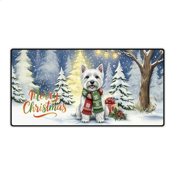 Merry Christmas West Highland White Terrier Snowy Winter with Tree Decorations Desk Mat Full Keyboard Mouse Pad Westie Westy Dog Lover Large Mousepad - 12020