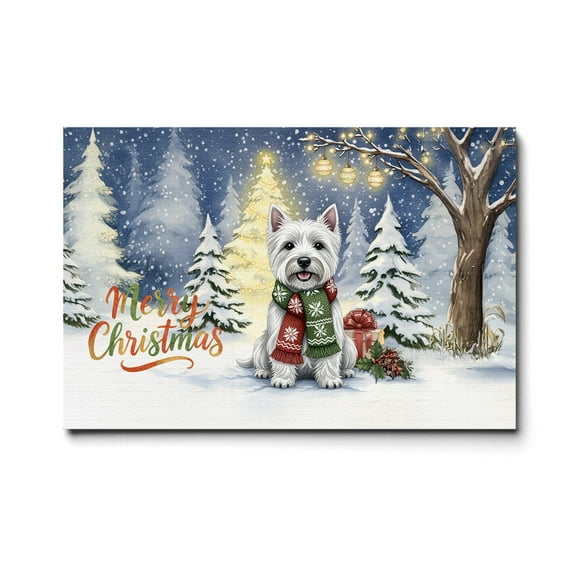 Merry Christmas West Highland White Terrier Snowy Winter with Tree Decorations Horizontal Matte Canvas Poster Westie Westy Dog Lover Wall Art Home Decor - 12020