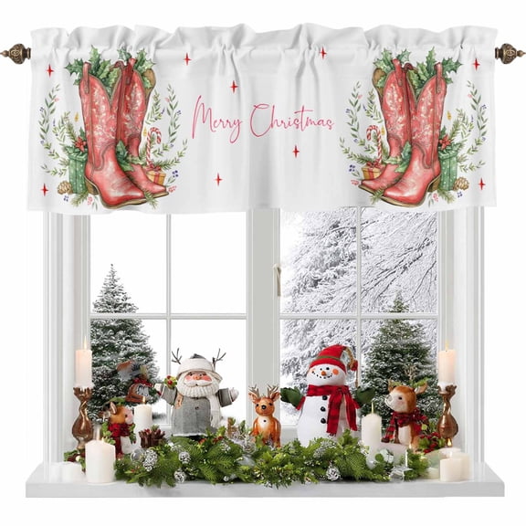 Merry Christmas Western Boots Valances for Windows,Kitchen Valance Rod Pocket Short Curtain,Farm Green Leaves on White Valance Curtain Window Valances for Bedroom 54x18in