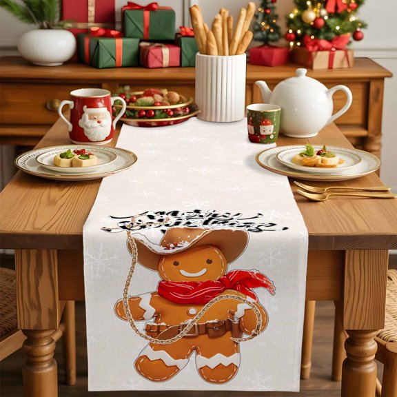 Merry Christmas Western Cowboy Table Runner 13x90in Non-Slip Cotton Linen Table Runners, Cookie Man Cow Texture Dresser Scarves TableRunner for Dinner Kitchen Dining Wedding Party