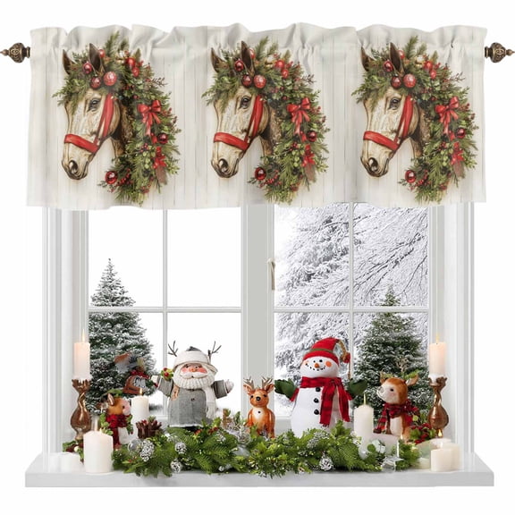 Merry Christmas Western Horse Valances for Windows,Kitchen Valance Rod Pocket Short Curtain,Red Berry Bell Farm Board Valance Curtain Window Valances for Bedroom 54x18in