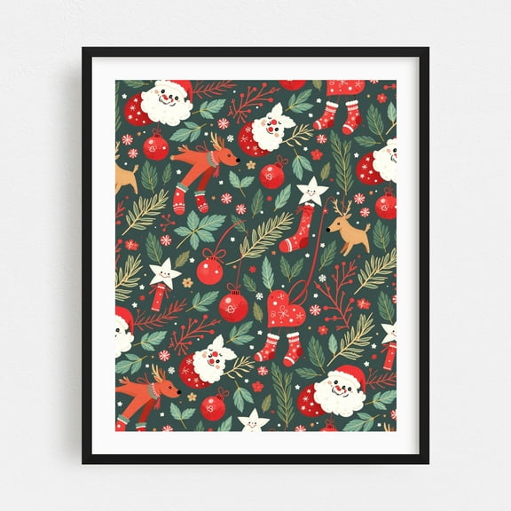 Merry Christmas Whimsy - India Digital Art Christmas Pattern Winter Whimsical Black Framed Wall Art Print 9 x 12 inches