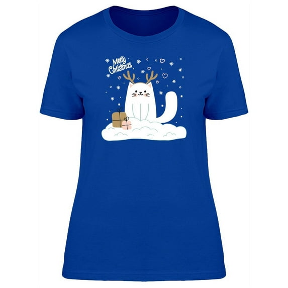 Merry Christmas White Cat T-Shirt Women -Image by Shutterstock, Female Large