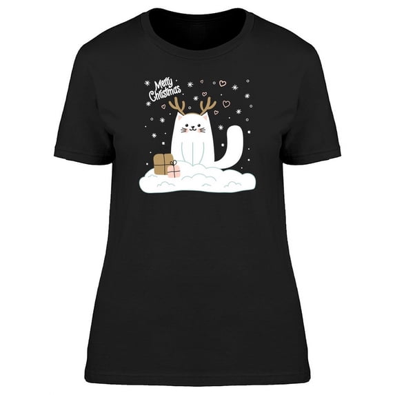 Merry Christmas White Cat T-Shirt Women -Image by Shutterstock, Female x-Large