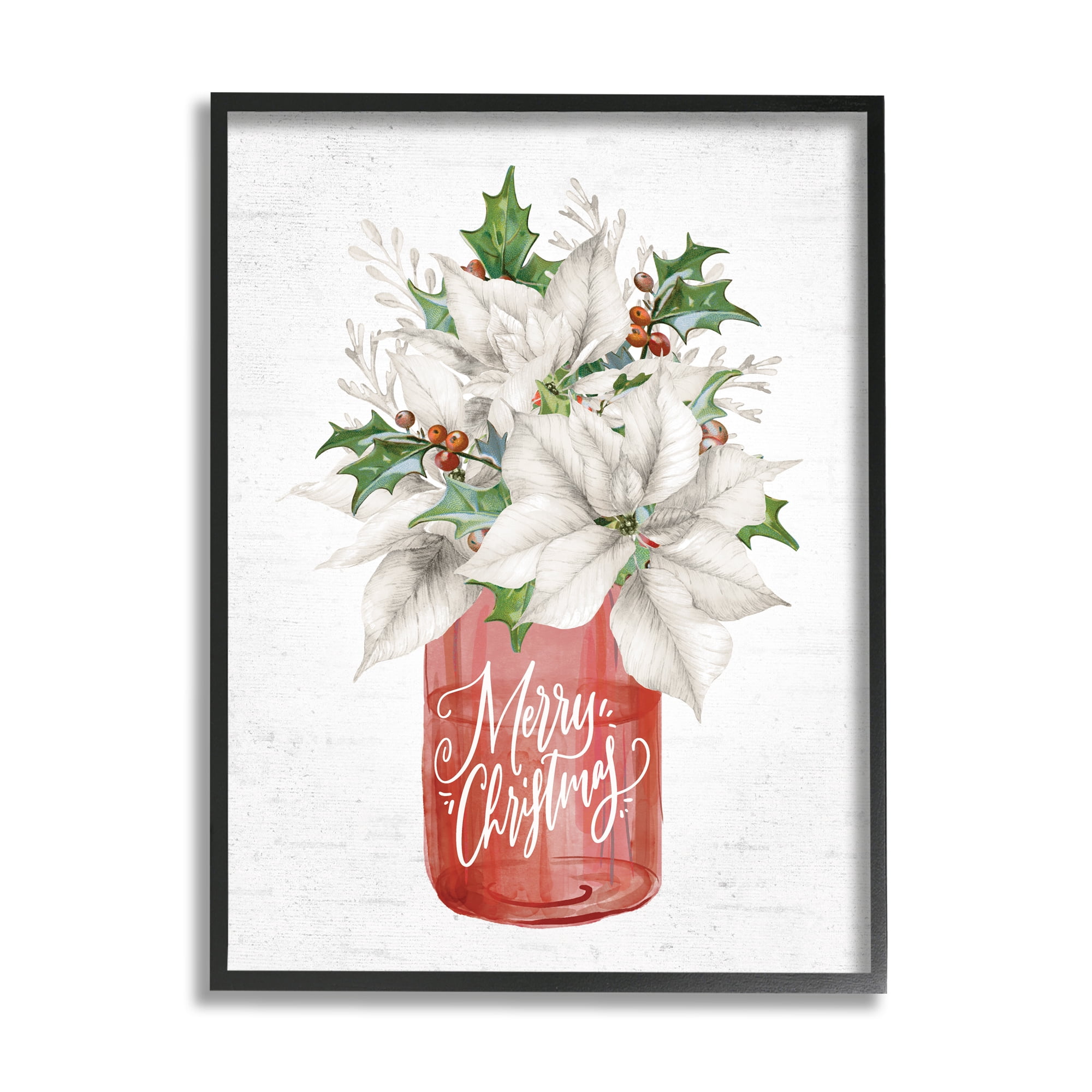 Merry Christmas White Poinsettia Holly Berries Bouquet Botanical & Floral Graphic Art Framed Art Print Wall Art