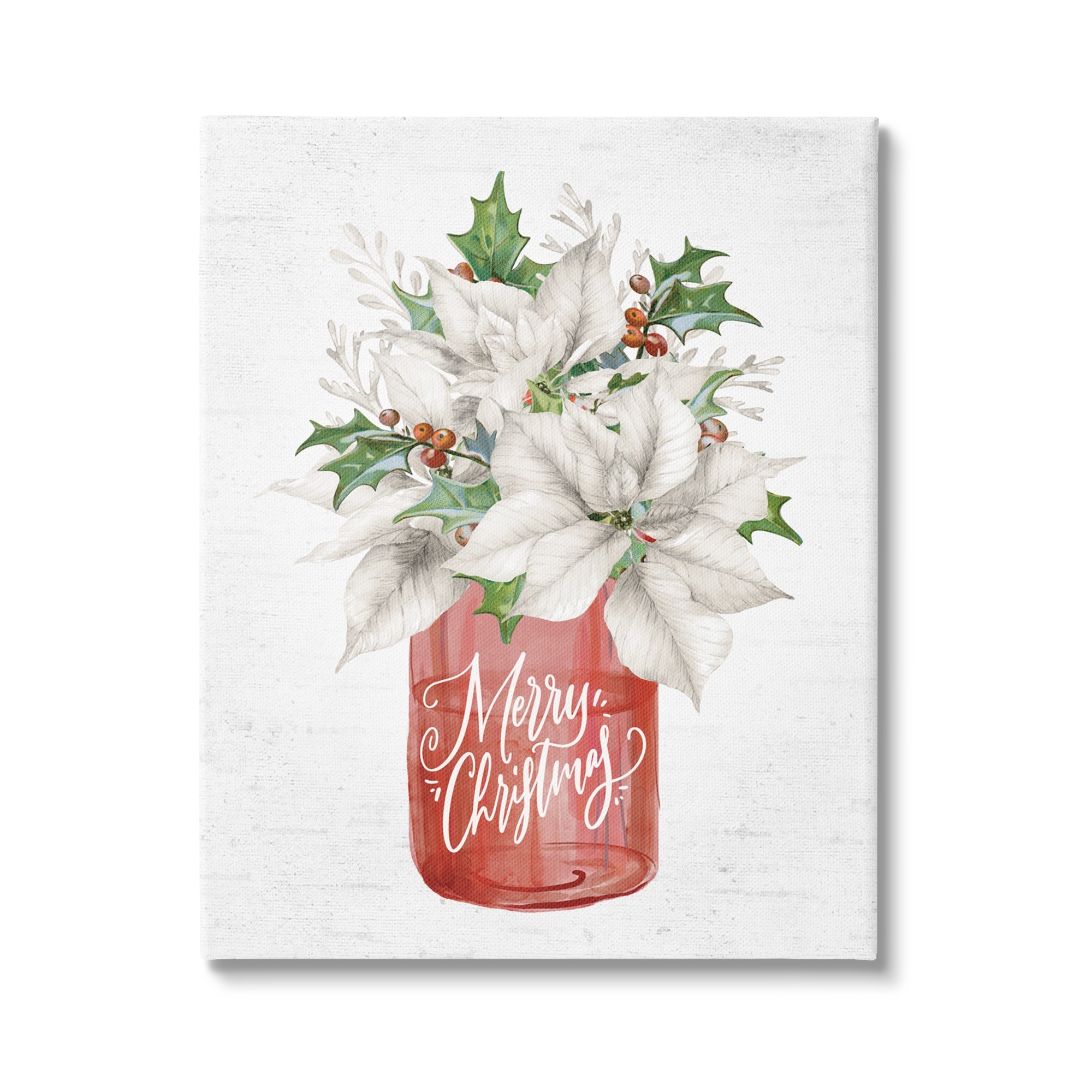 Merry Christmas White Poinsettia Holly Berries Bouquet Botanical & Floral Graphic Art Gallery-Wrapped Canvas Print Wall Art