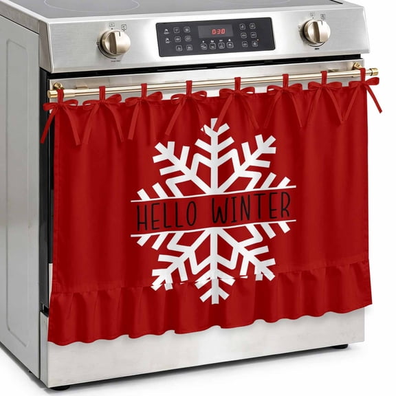 Merry Christmas White Snowflake Oven Skirt Curtain Farmhouse Kitchen Decor 32x24in, Hello Winter Quote on Red Cabinet Curtain with 8 Tie Top,Waterproof Oil-Proof Dishwasher Stove Door Cover