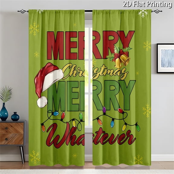 Merry Christmas Window Curtains, Green Santa Hat & Snowflake Print Drapes, Festive Split Panel Curtain Set, Holiday String Light Panels with Rod Pocket for Bedroom