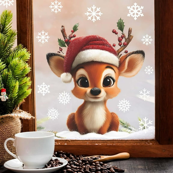 Merry Christmas Window Decorations – Cute Reindeer with Snowflakes, Xmas Window Cover Banner Backdrop for Indoor Outdoor Holiday Party, Winter Home Decor, Christmas Poster