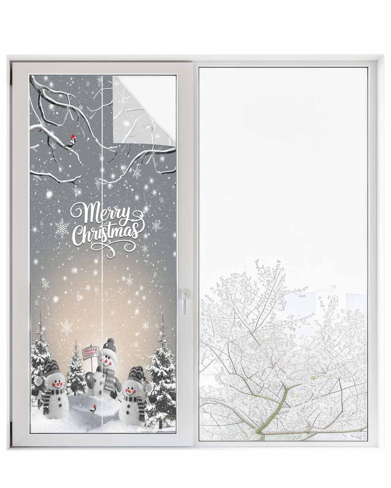 Merry Christmas Window Privacy Film Stained Glass Window Film Decorative Windows Cover Static Windows Cling for Glass Door Grey Snowman Snowflake Xmas Tree Winter Stickers for Bathroom 23.6"x59"