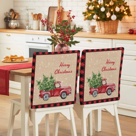 Merry Christmas Winter Chair Covers Set of 4 Red Truck Red Plaid Xmas Linen Chair Back Covers Stretch Removable Washable Slipcovers Protector for Dining Room Kitchen Party Decor