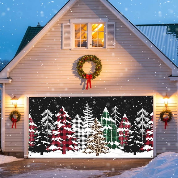 Merry Christmas Winter Garage Door Banner Covers, Red Green Plaid Leopard Xmas Tree Large Hanging Indoor/Outdoor Backdrop Background for Christmas Winter Party Decor, 6x13 FT