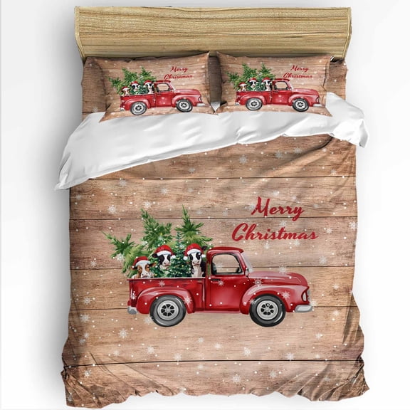 Merry Christmas Winter King Size Comforter Set, Cow Red Truck Tree Board Soft Bedding for All Seasons, 4 Pcs Bed Set with 1Comforter (90"x106") ,1 Sheet(94"x116"), 2 Pillowcases (19"x35")