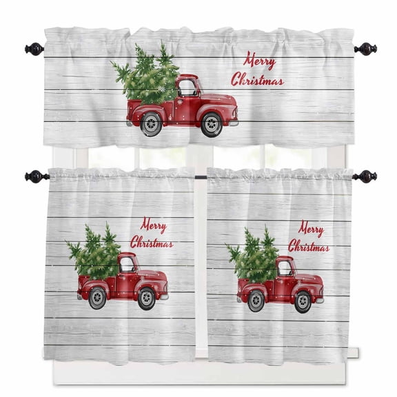 Merry Christmas Winter Kitchen Curtains and Valances Set, Red Truck Tree Gray Wood Grain Rod Pocket Window Valance 18 Inch Window Curtain Panels for Living Room Bedroom Laundry, 27.5x24in, 3 Pieces