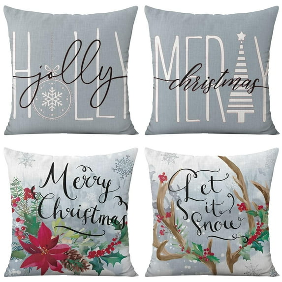 Merry Christmas Winter Poinsettia Antler Snowflake Decorative Pillows Winter Poinsettia Antler Snowflake Couch Pillow Covers 18 X 18 Set Of 4, Farmhouse Indoor Living Room Home Decor