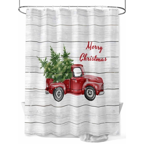 Merry Christmas Winter Shower Curtain Set ,Waterproof Fabric Shower Curtains Red Truck Tree Gray Wood Grain Shower Curtains for Bathroom,Bathroom Decor 66"x72"