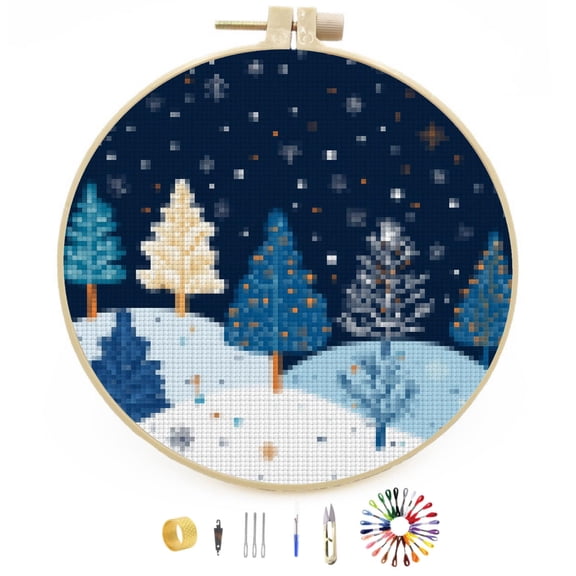 Merry Christmas Winter Snow Pine Tree DIY Stamped Cross Stitch Kits Easy for Beginners with Hoop 11CT Counted Embroidery Needlepoint Crafts Arts for Handmade Enthusiasts and Home Decor 30x30cm(5)