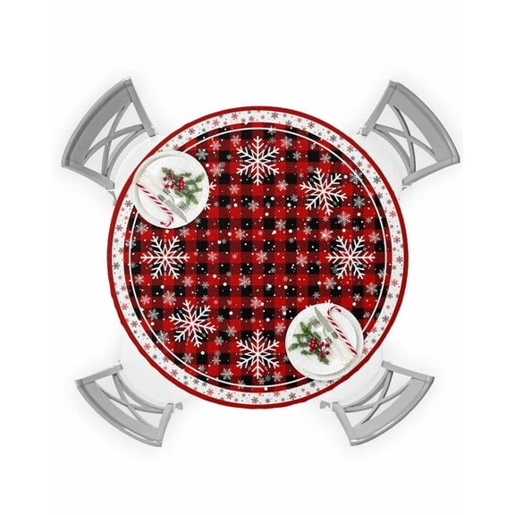 Merry Christmas Winter Snowflake Fitted Tablecloth for 36-44in Round Tables,Waterproof Table Cover,Black and Red Buffalo Checker Elastic Edge Table Cloths for Dining Kitchen Holiday Party Decor