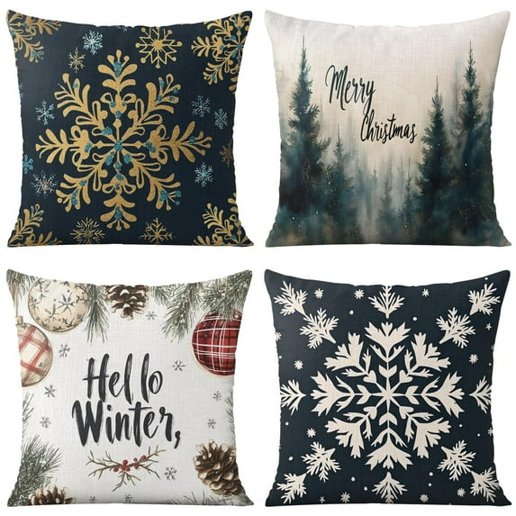 Merry Christmas Winter Snowflake Throw Pillow Case Beautiful Square Cushion Covers 4 Pack Vintage Pillowcase for Indoor Home Bedroom