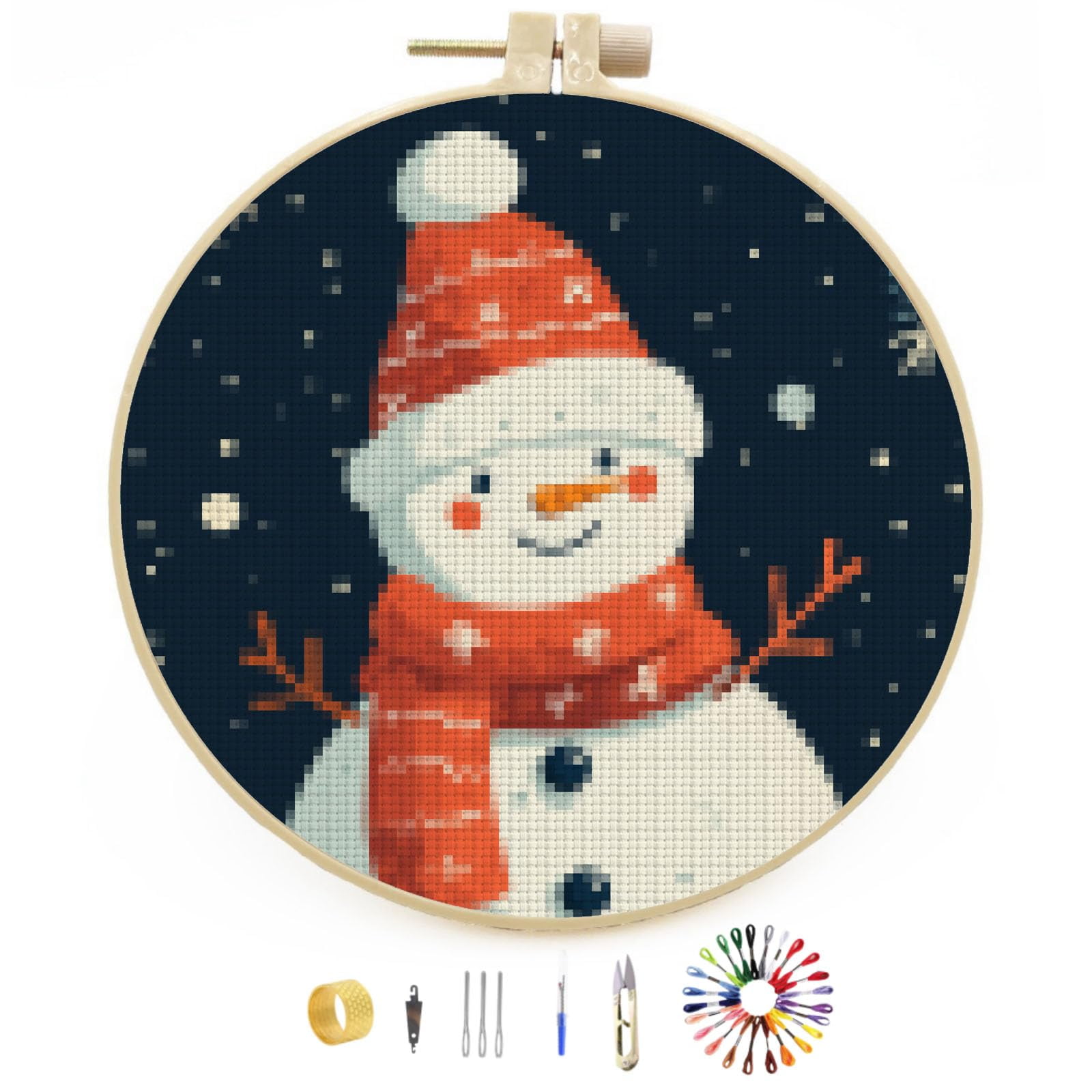 Kit De Point De Croix « Snowman » (bonhomme De Neige) – Toile 14 Ct – Thème Noël