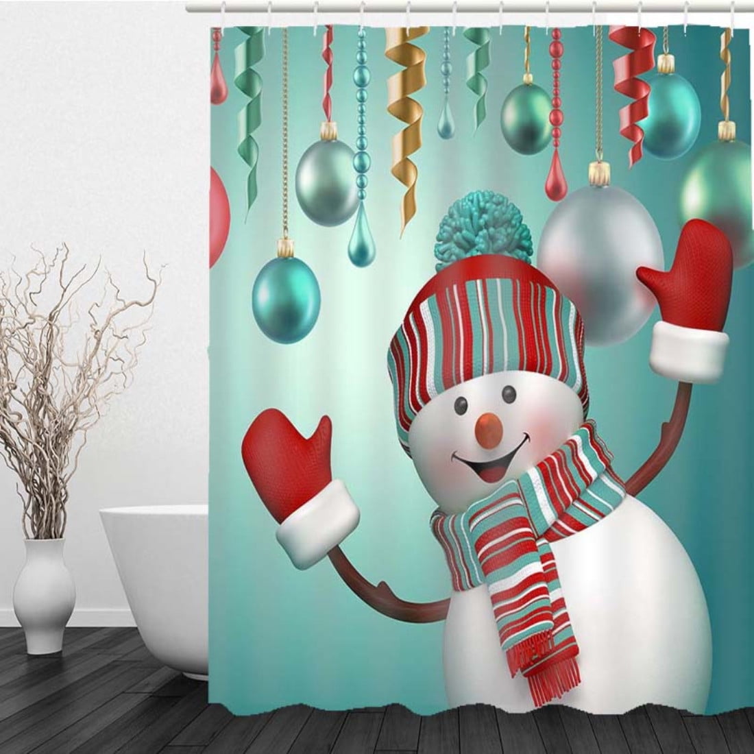 Merry Christmas Winter Snowman Shower Curtain Holiday Bathroom Decor